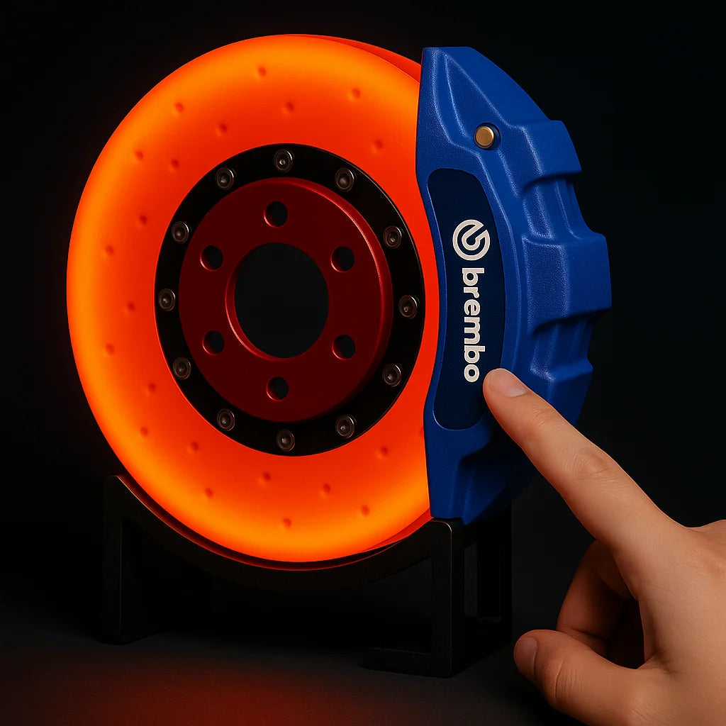 Car decor BrakeGlowâ„¢ lamp reacting to touch with glowing brake disc effect